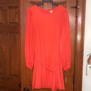 Women’s coral dress with belt, long sleeve, mid length